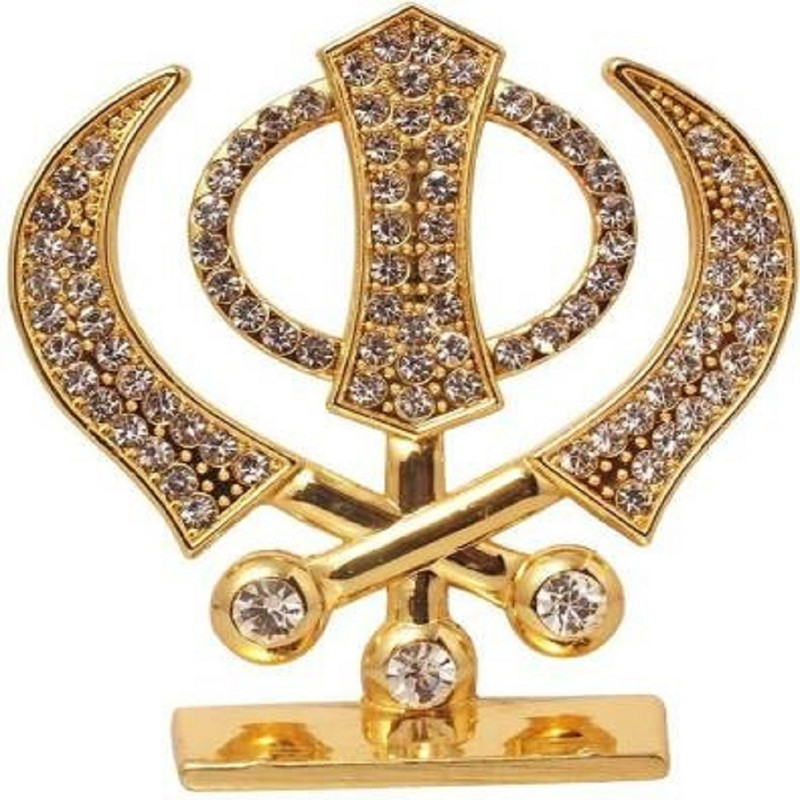 rkdenterprises Brass With Stone Punjabi Khanda Car Dashboard Idol Decorative Showpiece  -  2.5 cm(Brass, Multicolor)