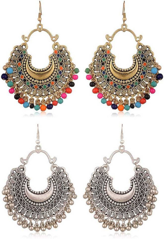 zilleria Girl's Oxidized Silver golden Work Designer Earring multicolor color Alloy, Metal Chandbali Earring, Earring Set