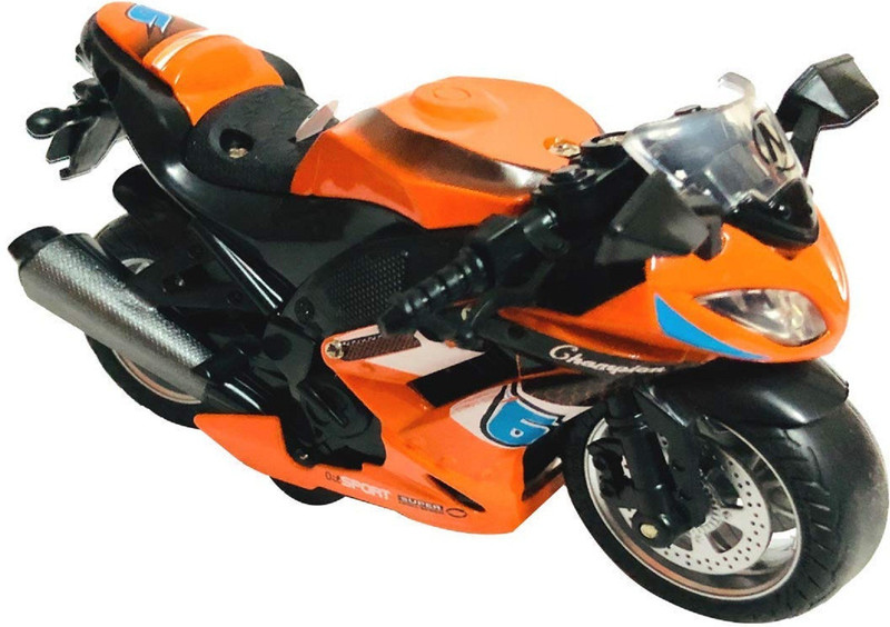 amisha gift gallery Die-cast Metal Rubber Tyre Pull Back Racing Bike - 5 inch(Orange)