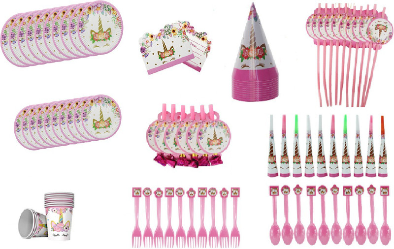 krishvi dreamz Unicorn Theme Birthday Party Crockery Pack - 100 Pieces(Set of 10)