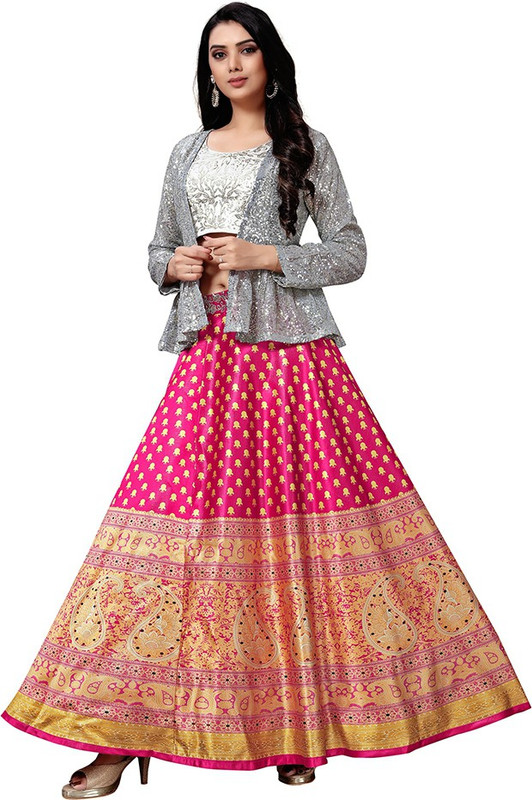 ikhodalcreation Digital Print Semi Stitched Lehenga with Jacket(Pink, Grey, White)
