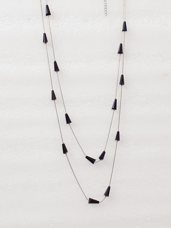 cutieans Cutieans Thin Silver 2 layered Chain necklace adorned with Black conical stones. Metal, Stone Layered