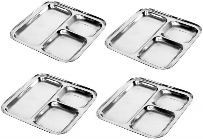 pranidh Metals Set of 4 Square Plates | Snacks Serving - Lunch Dinner Thali| 3 Dinner Plate(4 Units)