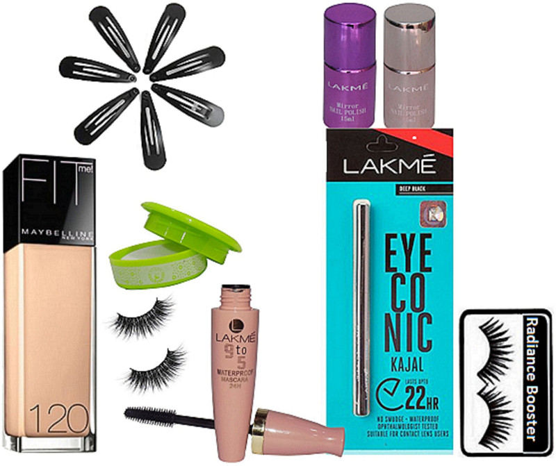 radiance booster Eyelashes & Mascara & Eyeconic Kajal & Foundation & Hair Clip (Pack Of 7) Nail Paint (Pack Of 2) & Nail Paint Remover(Set of 16)