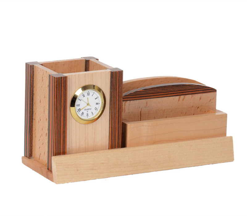 shivom crafts 3 Compartments WOODEN PEN HOLDER CARD HOLDER CLOCK(Beige)