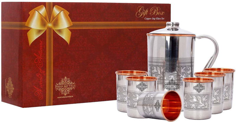IndianArtVilla Gift Set of Steel Copper Embossed Design Jug & 6 Glass Jug Glass Set(Steel, Copper)