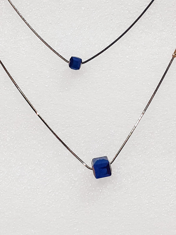 cutieans Cutieans Thin Black 2 layered Chain necklace adorned with Blue Crystal Square stones. Metal, Crystal Layered