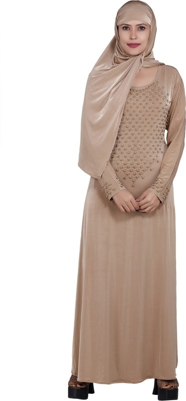 TUCUTE Velvet Embosed Lycra Abaya Burkha with Waist Belt/Scarf Hijab Beige-30 Chiffon...