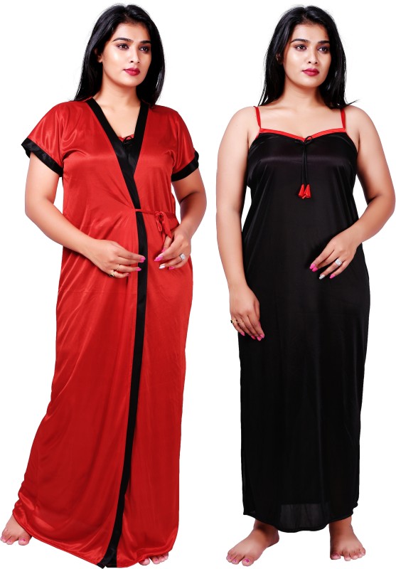 BAILEY SELLS Women Nighty with Robe(Red, Black)