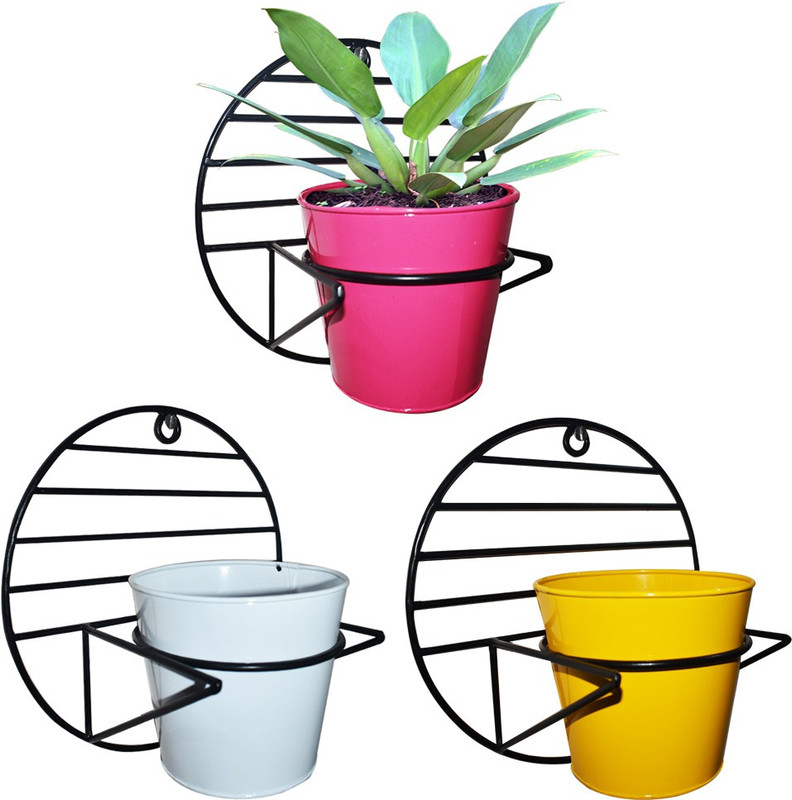 ascent homes Ascent Homes Wall Mount Metal Planter Stand with Round Galvanized Pot (Set of 3 Pcs) Plant Container Set(Pack of 3, Metal)