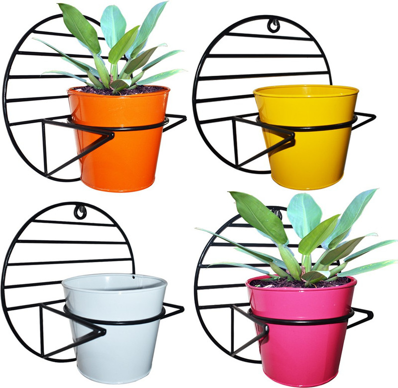 ascent homes Ascent Homes Wall Mount Metal Planter Stand with Round Galvanized Pot (Set of 4Pcs) Plant Container Set(Pack of 4, Metal)