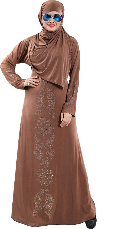 TUCUTE Women's Abaya with Foral Embroidery Work Brown-129 Chiffon Solid Burqa With...