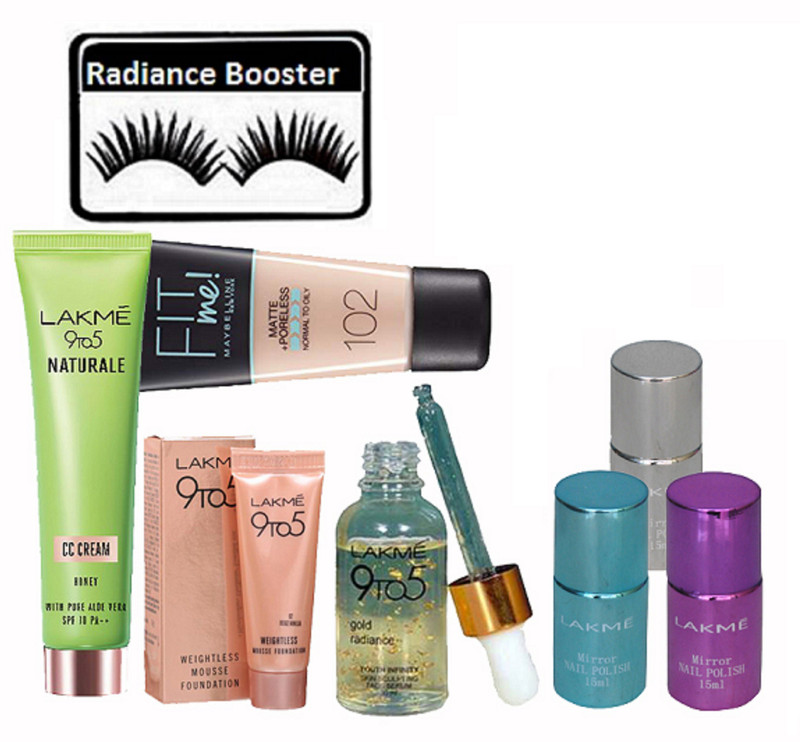 radiance booster Eyelashes & Fit Me Foundation & Weightless Mousse Foundation & Gold Radiance Face Serum & Nail Paint -3 & CC Cream(8 Items in the set)
