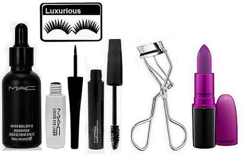 luxurious Eyelashes & Hyper Real Foundation & heroine Lipstick & Waterproof Eyeliner+Mascara & Eyelashes Curler(6 Items in the set)