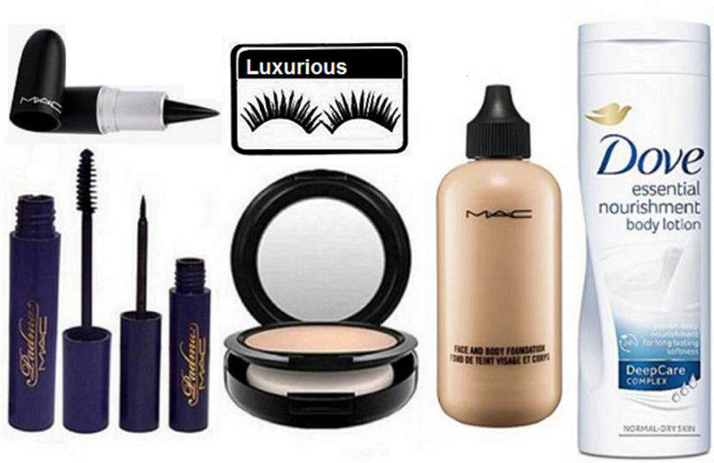 luxurious Eyelashes&Face&Body Foundation & Compact & Padma Eyeliner+Mascara & Stick Kajal & Essential Nourishment Body Lotion(7 Items in the set)