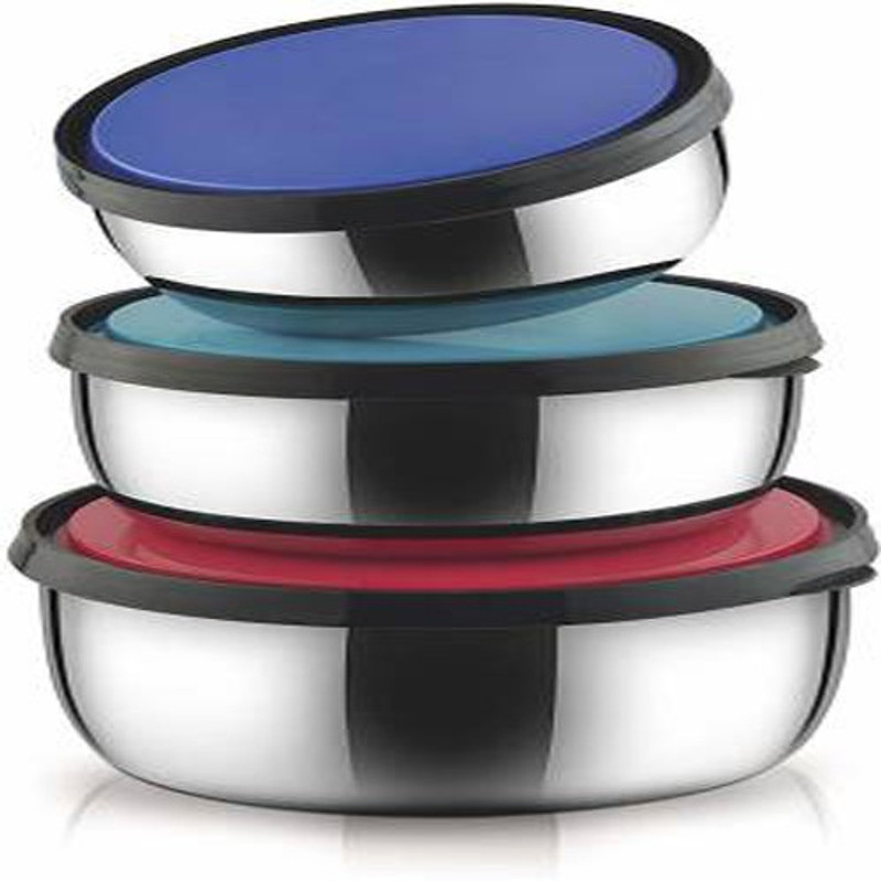 manvi 3Pcs Stainless Steel Kiwi Bowl with Plastic Lid  - 350 ml Steel Grocery Container(Pack of 3, Multicolor)