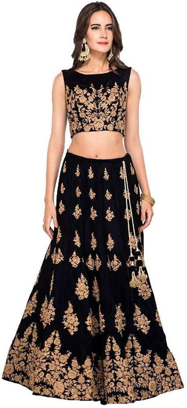 mm brothers Embroidered Semi Stitched Lehenga with Choli(Black)