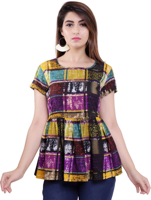 Gujari Casual Regular Sleeve Printed, Checkered Women Multicolor Top