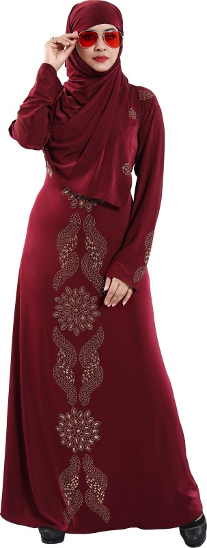 TUCUTE Women's Abaya with Foral Embroidery Work Maroon-129 Chiffon Solid Burqa With...