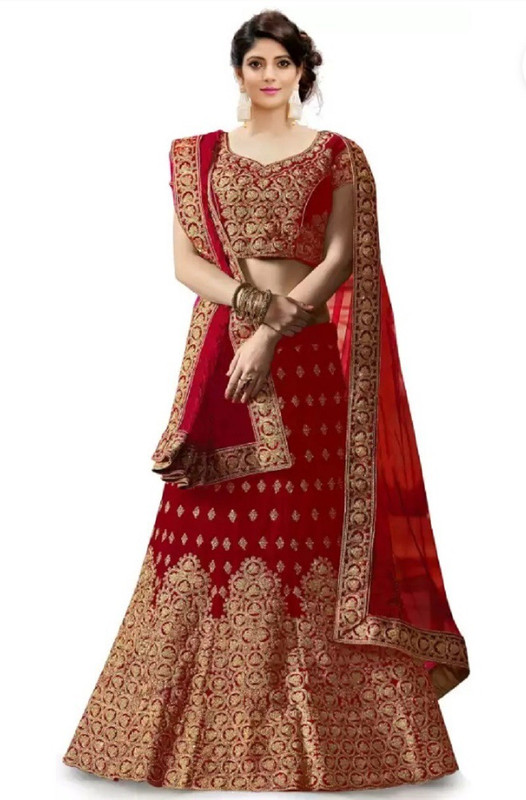 ladies4zon Embroidered Semi Stitched Lehenga, Choli and Dupatta Set(Red)