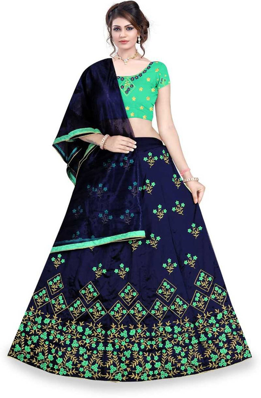 om sai art Embroidered Semi Stitched Lehenga, Choli and Dupatta Set(Blue)