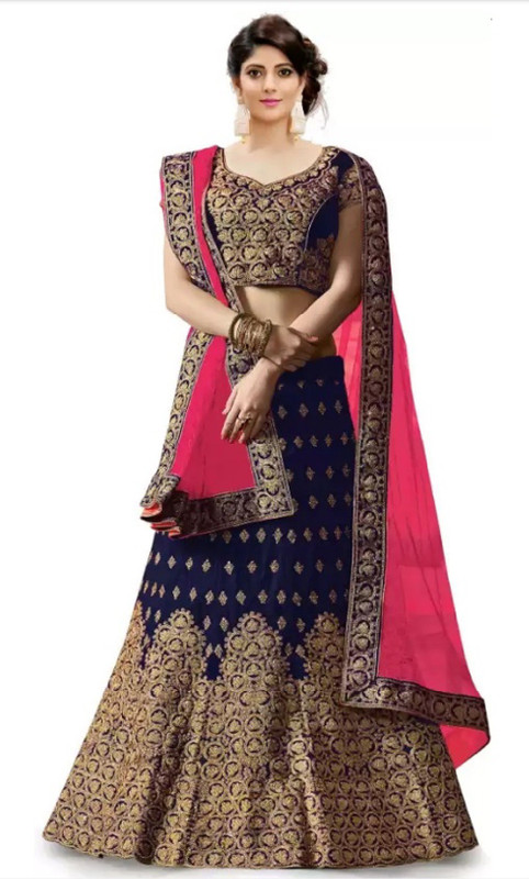 ladies4zon Embroidered Semi Stitched Lehenga, Choli and Dupatta Set(Dark Blue)