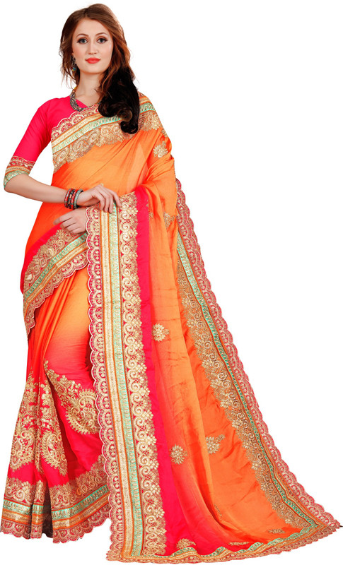 selveer Embroidered Daily Wear Chiffon Saree(Orange)