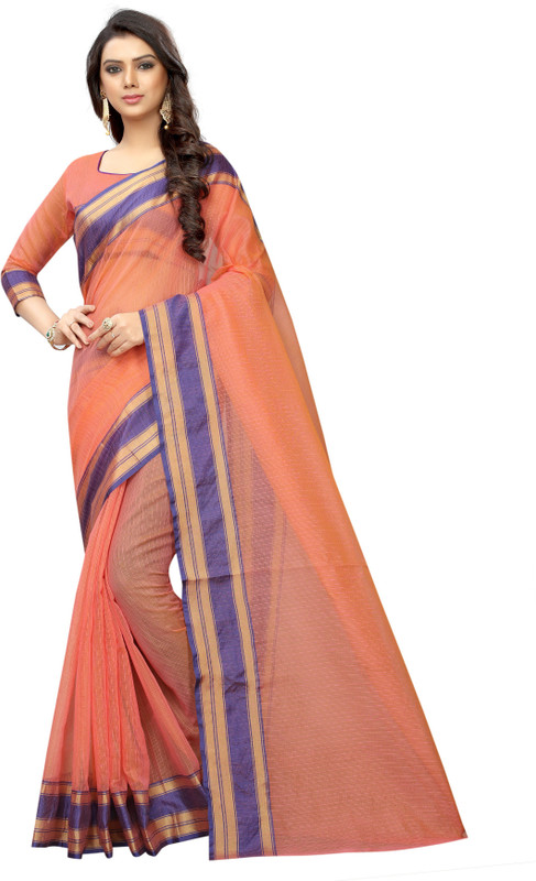 fashion day Striped Fashion Cotton Silk Saree(Orange)