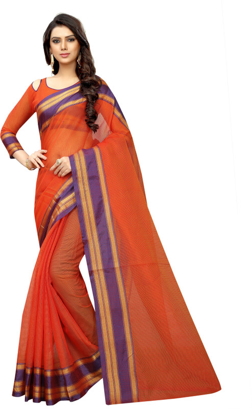 fashion day Striped Fashion Cotton Silk Saree(Orange)