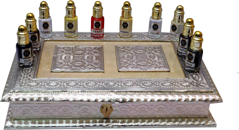 ashtaaromas Traditional Attars Set Of 10(15ml Each) In Ethnic Attardani: Oud, Shamama, Kewra, Jasmine, Kesar, Sandal, Gulab, Mitti, Kasturi & Khus Herbal Attar(Floral)