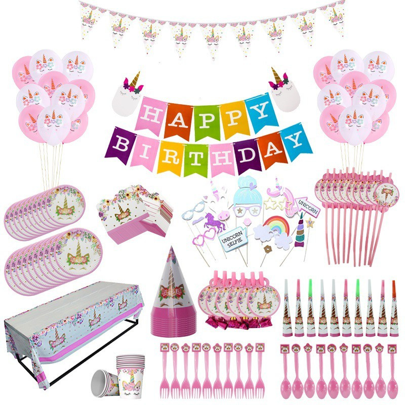 krishvi dreamz All in one Unicorn Theme Birthday Decoration Items and Crockery(Set of 16)
