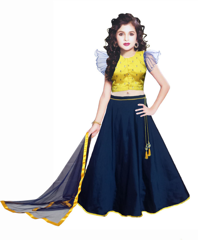 heet Girls Lehenga Choli Western Wear Self Design Lehenga, Choli and Dupatta Set(Blue, Pack of 1)