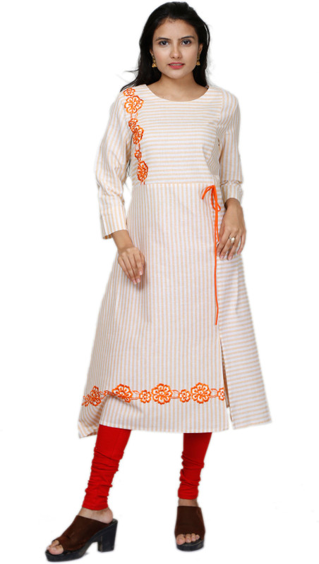 mah Women Embroidered A-line Kurta(Beige)
