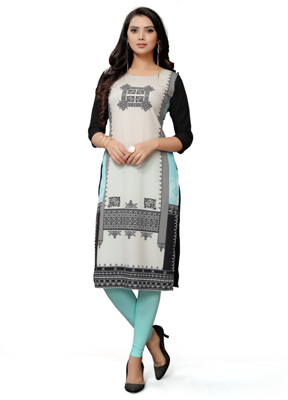 neeah Casual Printed Women Kurti(Black, Light Blue)