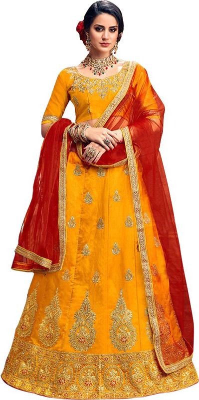 westcoaston Embroidered Semi Stitched Lehenga, Choli and Dupatta Set(Yellow)
