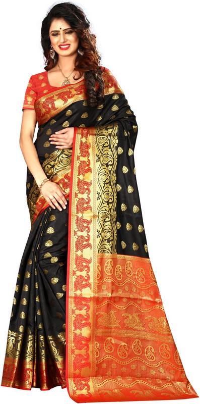 shoppershopee Printed Kanjivaram Pure Silk, Poly Silk Saree(Black)