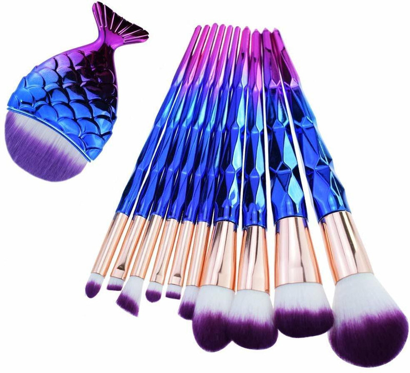 shenron Makeup Brush Set with Big Fish Tail for Foundation/Eye shadow/Lips - 11 Pieces + 1 Transparent Silicone Makeup Puff Free(Pack of 11)