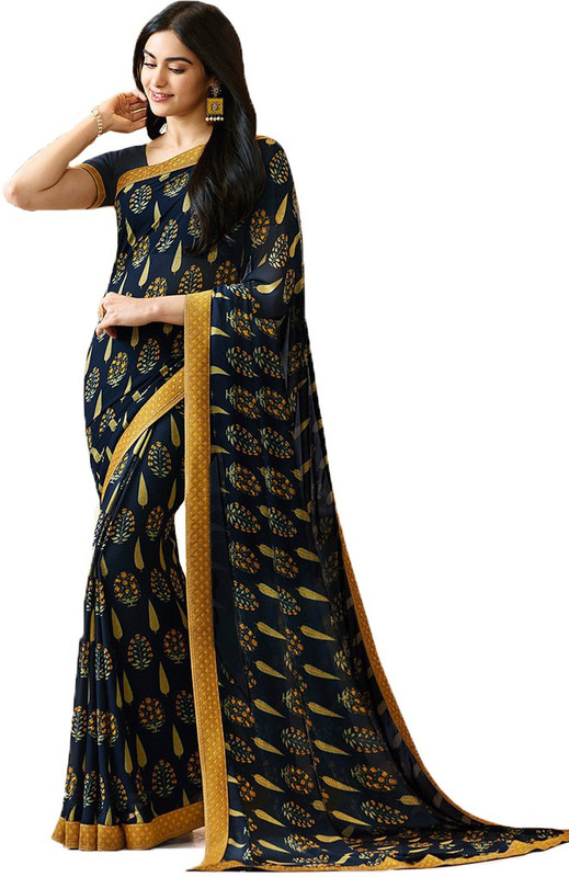 4jstar Printed Bollywood Georgette Silk Blend Saree(Blue, Yellow)