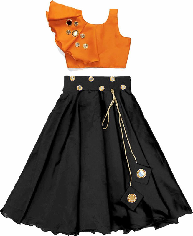 alakhdhanifashion Girls Lehenga Choli Ethnic Wear, Fusion Wear, Party Wear Solid Lehenga & Crop Top(Orange, Pack of 1)
