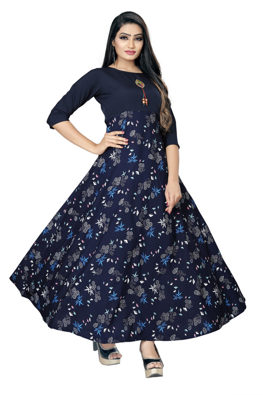 amar fab Women Printed Gown Kurta(Blue)