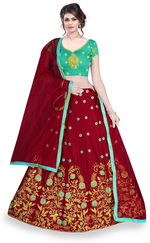 om sai art Embroidered Semi Stitched Lehenga, Choli and Dupatta Set(Maroon)