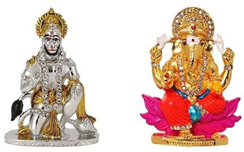 9facts Set of 2 Lord Hanuman Mandir Home Decor God Statue & God Ganesh / Ganpati / Lord Ganesha Idol - Statue Gift item Decorative Showpiece Decorative Showpiece  -  8 cm(Brass, Multicolor)