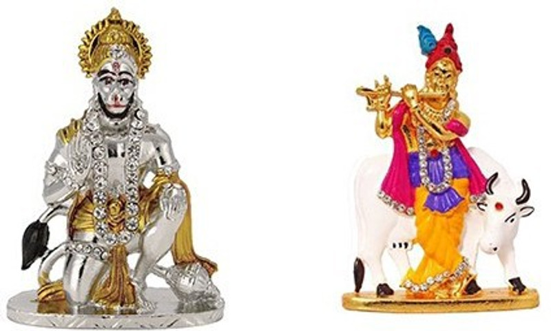 9facts Set of 2 Lord Hanuman Mandir Home Decor God Statue & Lord Krishna Idol Krishan statue God makhan chor / Balgobal Spiritual Puja Vastu Fegurine Decorative Showpiece  -  8 cm(Brass, Multicolor)