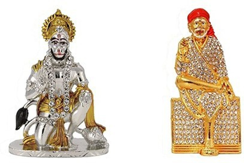 9facts Set of 2 Lord Hanuman Mandir Home Decor God Statue & Lord Sai Baba / Shirdi Shri Sai Nath Idol - Handicraft Decorative Home & Temple Décor God Figurine Decorative Showpiece  -  8 cm(Brass, Multicolor)