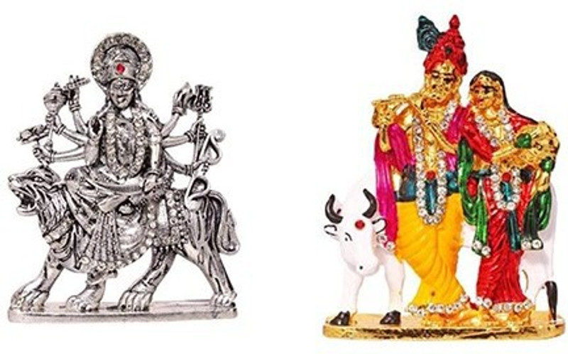 9facts Set of 2 Goddess Durga Devi Statue & Lord Radha Krishna & Cow / Radhey Krishan Couple Idol God Statue Decorative Showpiece Decorative Showpiece  -  8 cm(Brass, Multicolor)