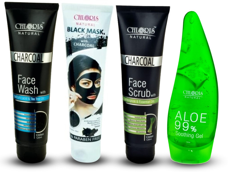 chloris natural Charcoal Face wash(Salicylic Acid & Tea Tree Oil), Scrub(Lemongrass & Essential Oils), Mask(Blackhead Remover & Clean Pores), Aloevera Gel(Soothing Gel)(4 Items in the set)