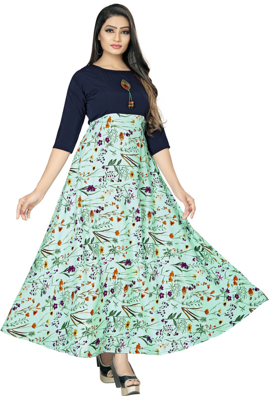 amar fab Women Printed Gown Kurta(Black)