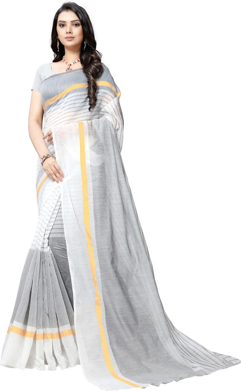 sarngin boutique Striped Guntur Polycotton Saree(White)