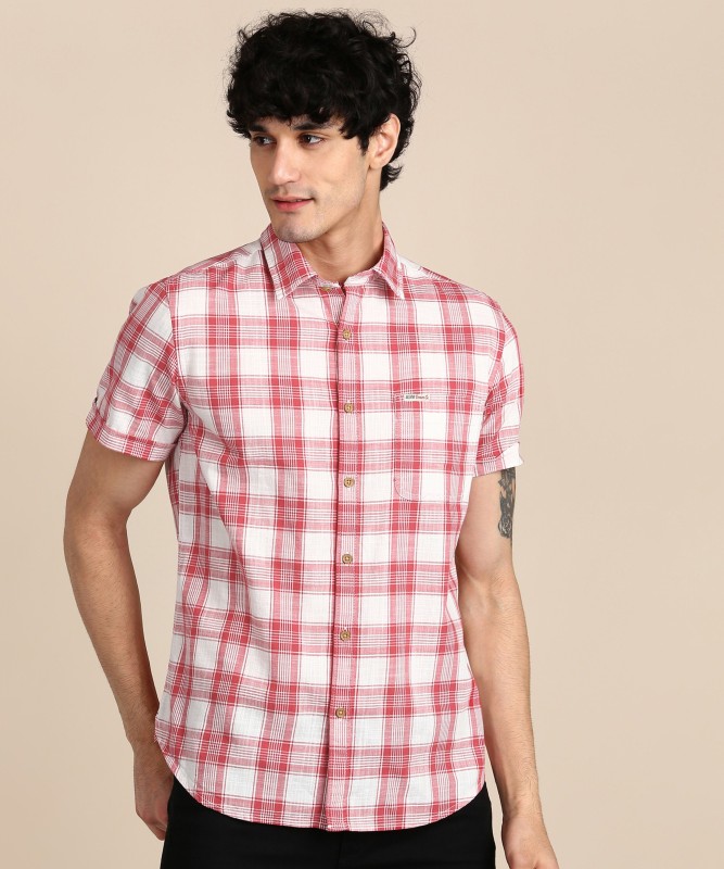 red and white checkered polo shirt