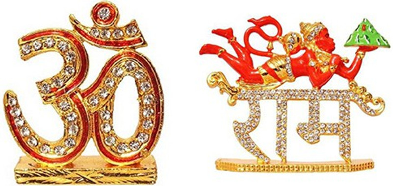 9facts Set of 2 Lord Shiva Symbol OM Sign Idol & Lord Hanuman Mandir Home Decor God Statue Gift Item Decorative Showpiece Decorative Showpiece  -  7 cm(Brass, Multicolor)